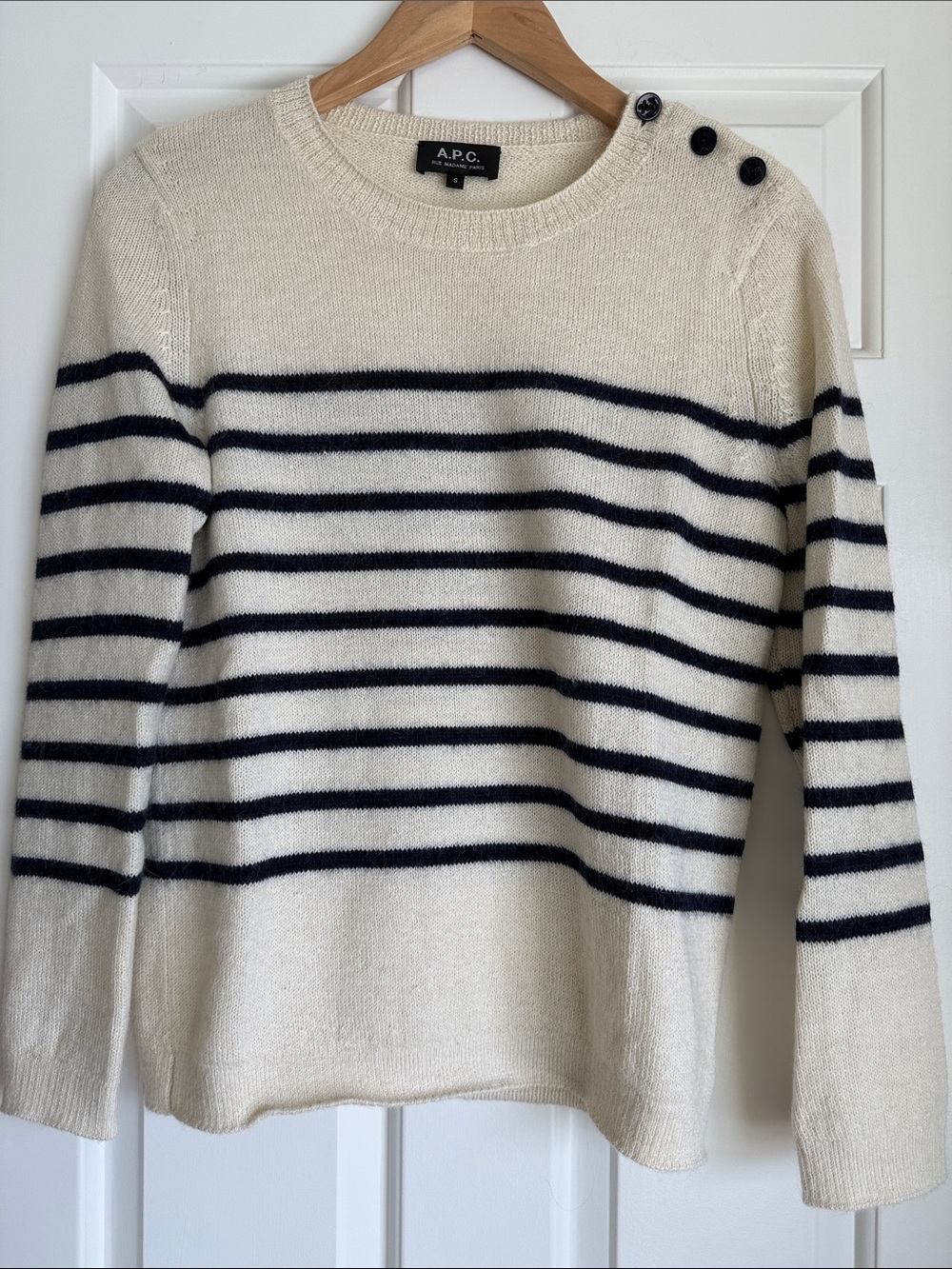 A.P.C. Women's Cream & Navy Striped Knit Sweater. Size small.